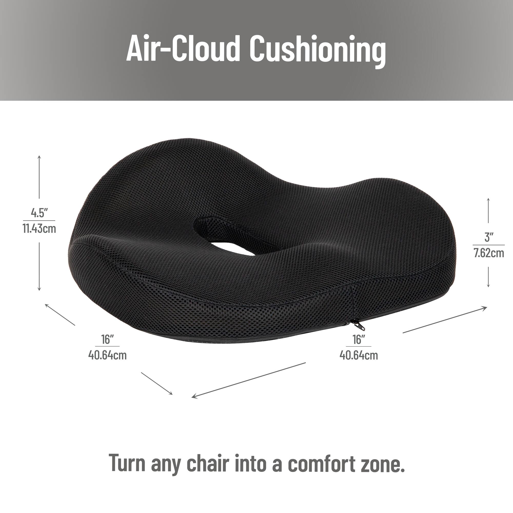 Mind Reader Donut Pillow with Air-Cloud Technology, Ergonomic Memory Foam Seat Cushion for Tailbone, Hemorrhoid, Pregnancy & Lower Back Pain Relief, Washable Cover, Black